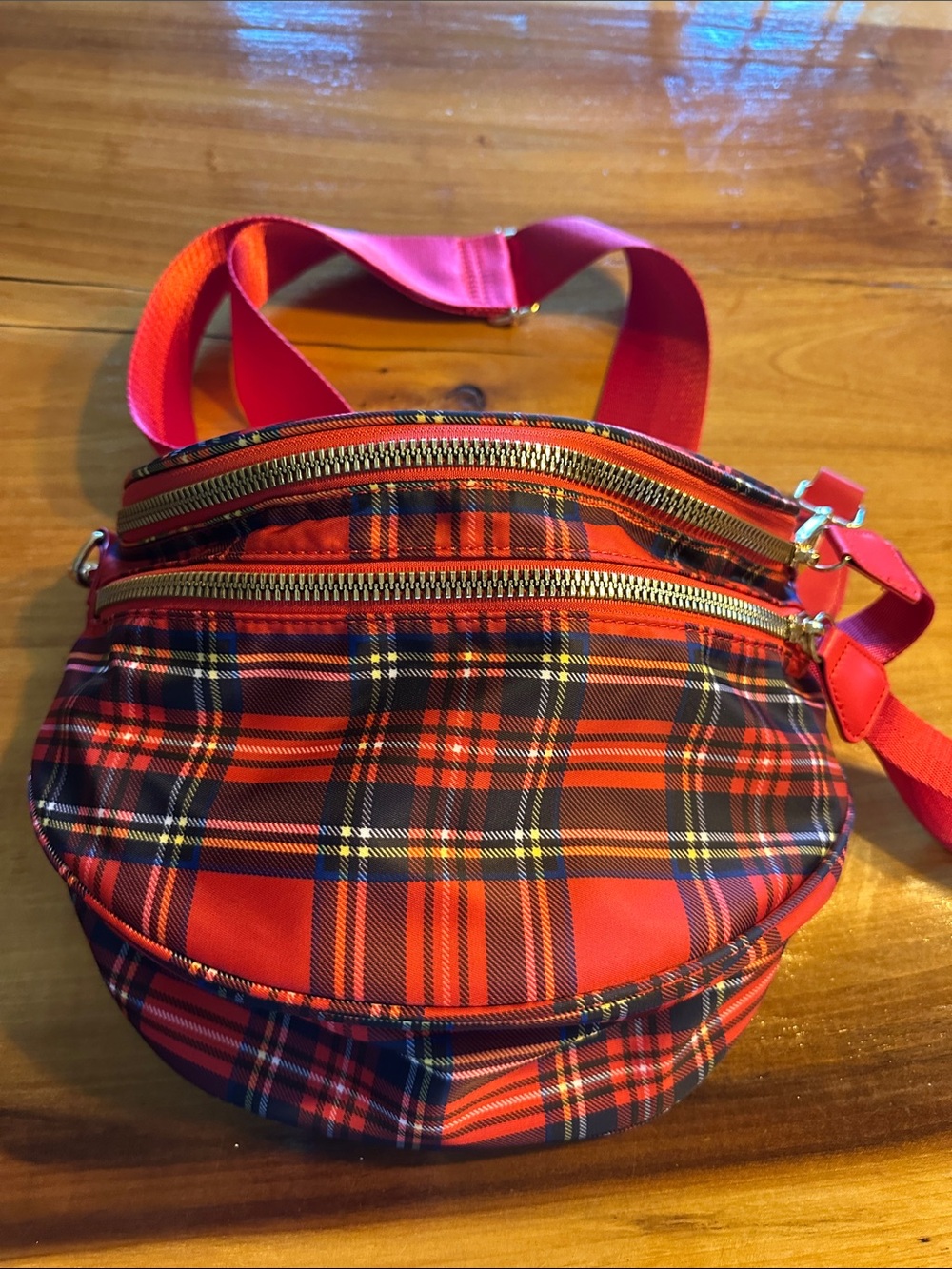 Red Plaid Crossbody Bag with Gold Zippers